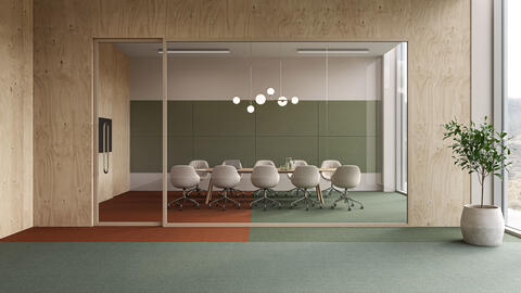 DESSO Stratos carpet tile collection in a commercial office setting in green tones 