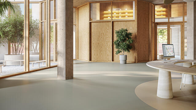 Lino Materiale: dankzij de zichtbare kurkdeeltjes krijgt het oppervlak van de linoleumvloer een natuurlijke textuur