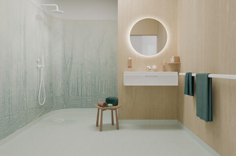 New Tarkett Aquasens complete wetroom solution vinyl floors, walls and accessories.